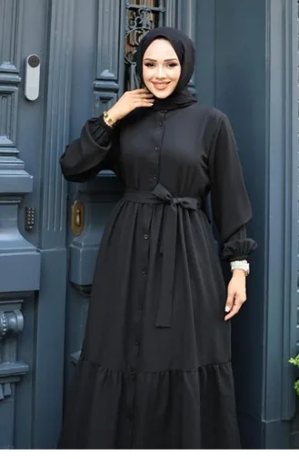 Buttoned Floor Detailed Abaya Black 4422 525