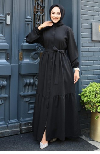 Geknöpfter Bodendetaillierter Abaya Schwarz 4422 525