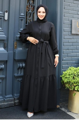 Geknöpfter Bodendetaillierter Abaya Schwarz 4422 525