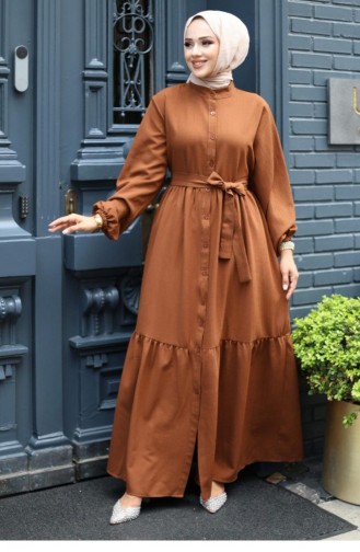 Buttoned Layer Detailed Abaya Brown 4422 526