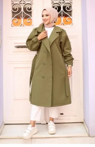 Schouder Geplooide Gedetailleerde Trenchcoat Kaki 4429 533