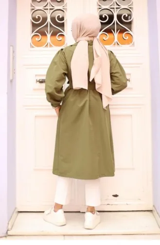 Schouder Geplooide Gedetailleerde Trenchcoat Kaki 4429 533