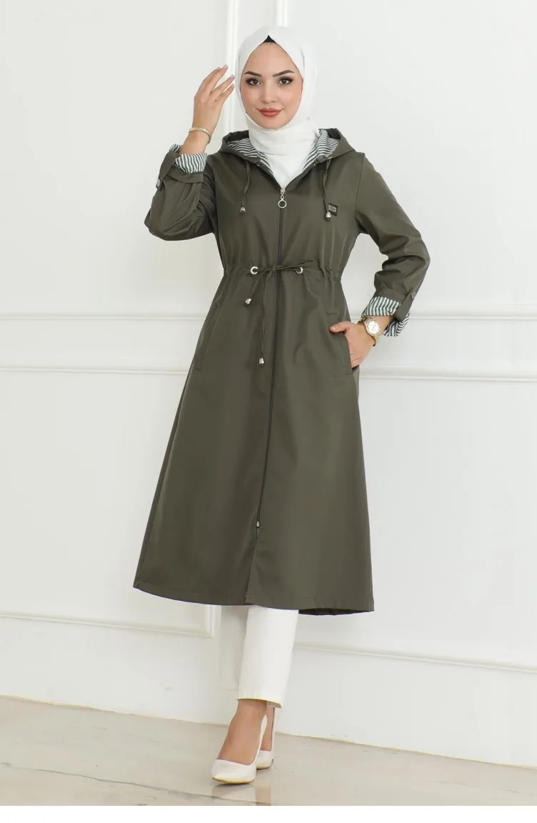 Trench Zippé À Capuche Kaki 19205 15282