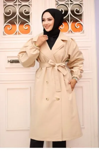 Shoulder Pleated Detailed Trench Coat Beige 4429 529
