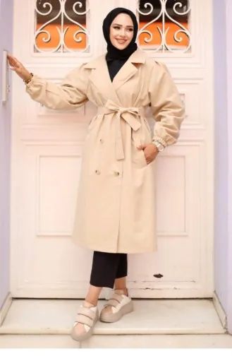 Shoulder Pleated Detailed Trench Coat Beige 4429 529