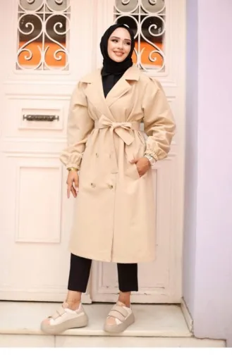 Shoulder Pleated Detailed Trench Coat Beige 4429 529
