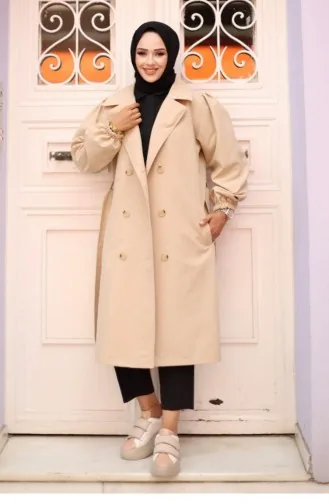 Shoulder Pleated Detailed Trench Coat Beige 4429 529