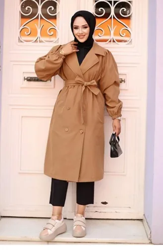 Omzu Pileli Detaylı Trençkot Camel 4429