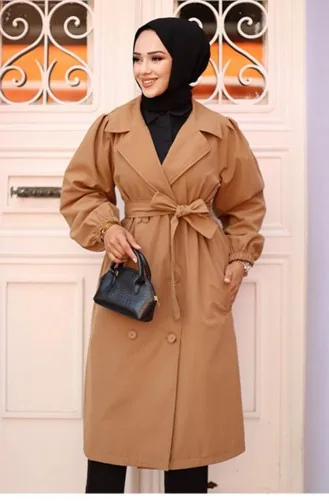 Omzu Pileli Detaylı Trençkot Camel 4429