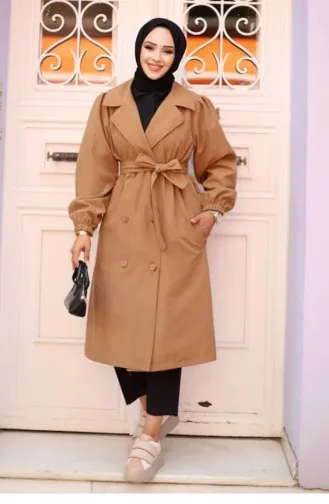 Omzu Pileli Detaylı Trençkot Camel 4429