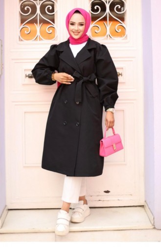 Shoulder Pleated Detailed Trench Coat Black 4429 531
