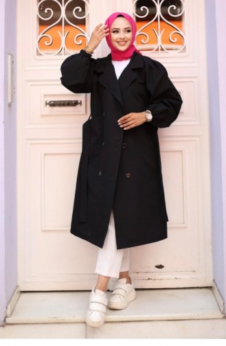 Shoulder Pleated Detailed Trench Coat Black 4429 531