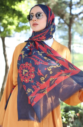 Châle Coton A Motifs Ethnique 90174-10 Bleu Marine Rouge 90174-10