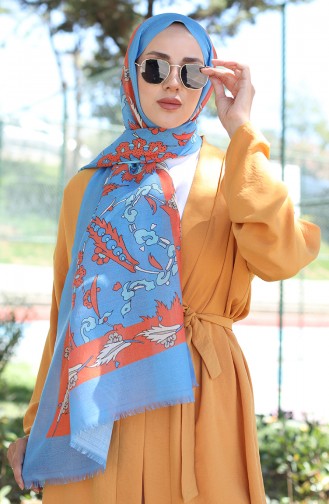 Ethnic Patterned Cotton Shawl 90174-01 Blue Orange 90174-01