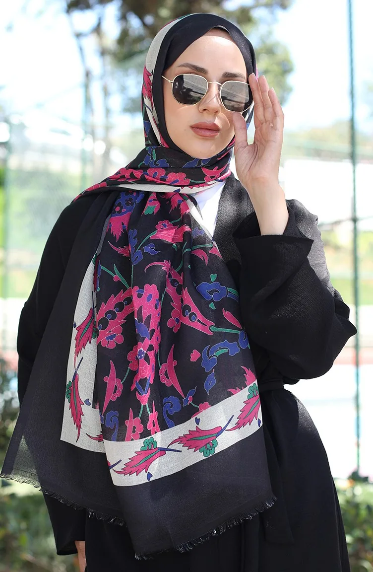 Châle Coton A Motifs Ethnique 90174-08 Noir Fuchsia 90174-08