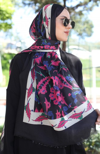 Châle Coton A Motifs Ethnique 90174-08 Noir Fuchsia 90174-08