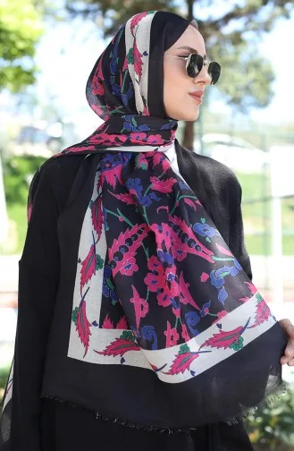 Châle Coton A Motifs Ethnique 90174-08 Noir Fuchsia 90174-08