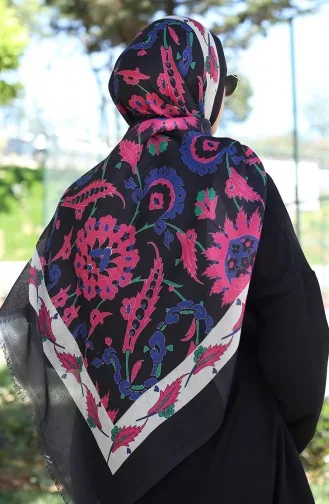 Châle Coton A Motifs Ethnique 90174-08 Noir Fuchsia 90174-08