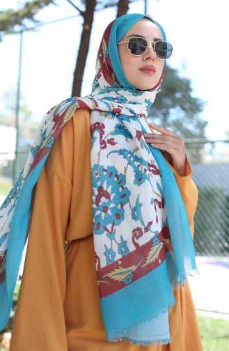 Ethnic Patterned Cotton Shawl 90174-02 Petrol Cinnamon Color 90174-02