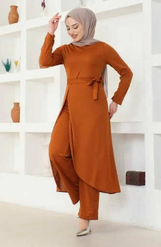 Ensemble Deux Pièces Tunique Pantalon Fendu 0664-11 Tan 0664-11