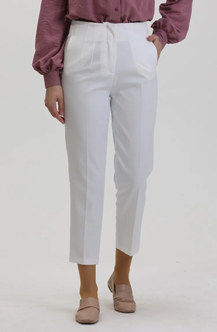 Düğmeli Dar Paça Pantolon 8011-02 Beyaz