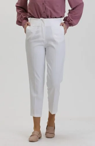 Düğmeli Dar Paça Pantolon 8011-02 Beyaz