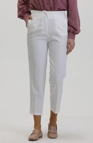 Düğmeli Dar Paça Pantolon 8011-02 Beyaz