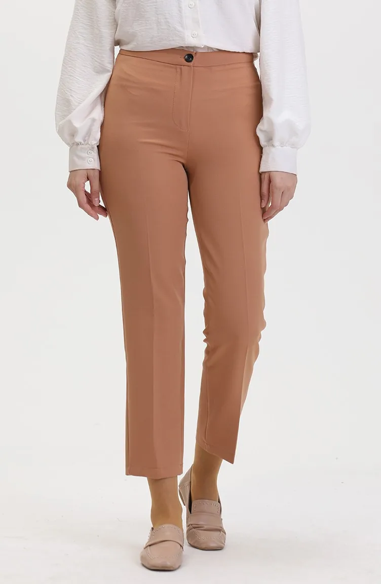 Düğmeli Dar Paça Pantolon 8012-01 Sütlü kahve