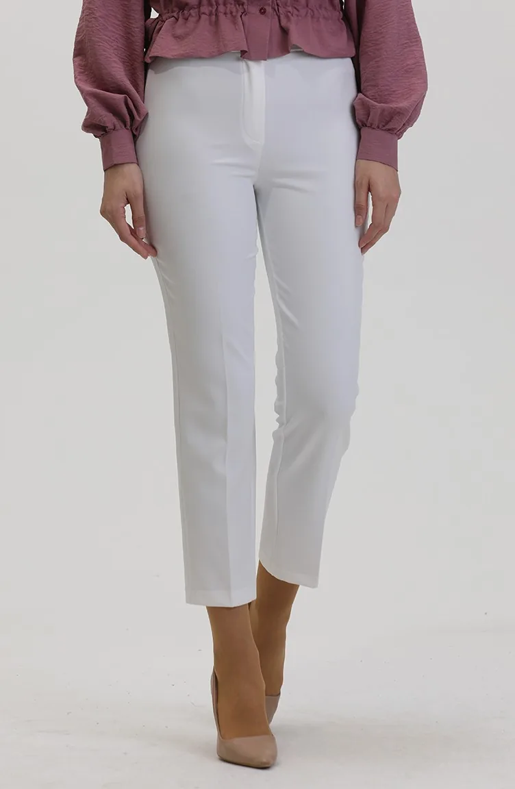 Düğmeli Dar Paça Pantolon 8012-04 Beyaz