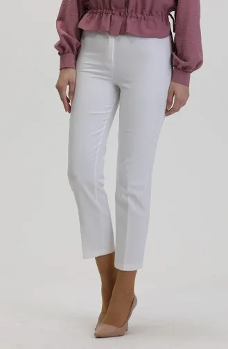 Düğmeli Dar Paça Pantolon 8012-04 Beyaz