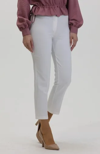 Düğmeli Dar Paça Pantolon 8012-04 Beyaz