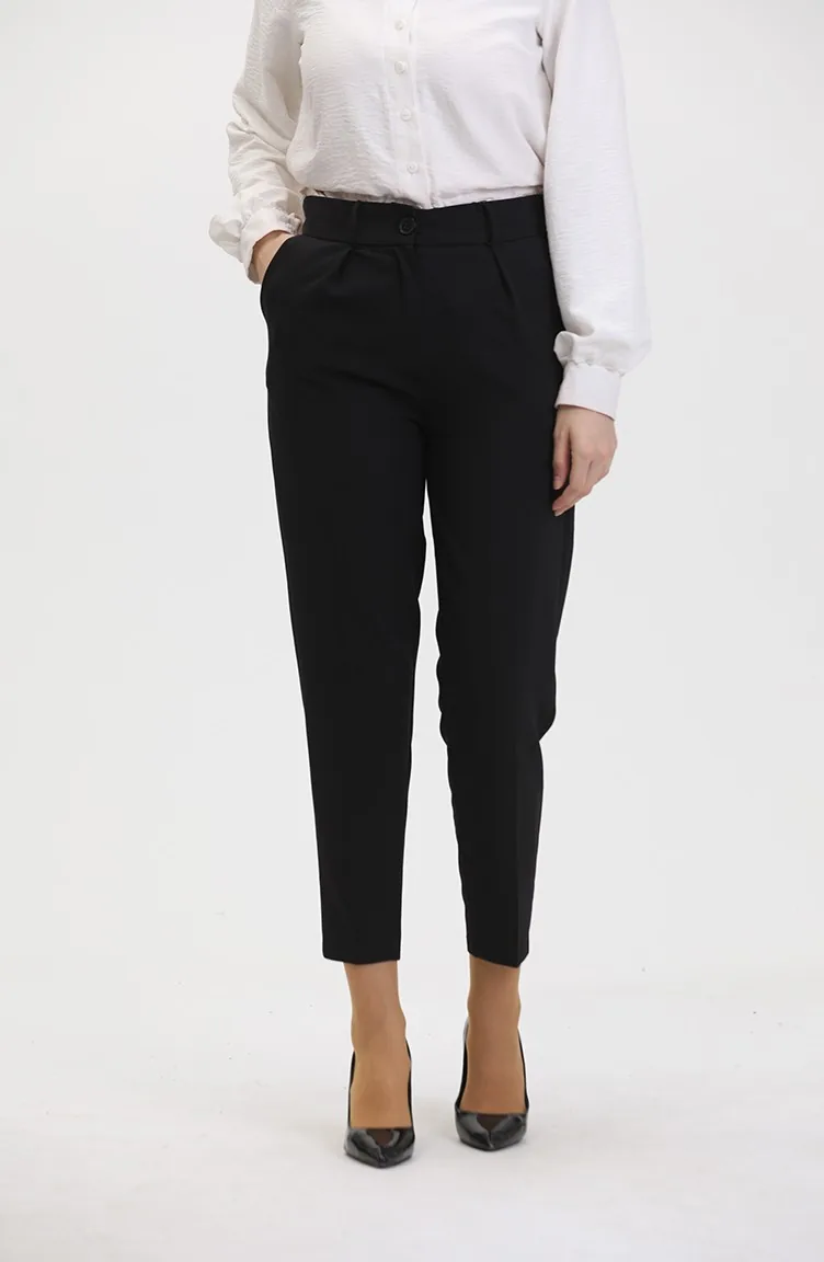 Buttoned Skinny Leg Trousers 8014-01 Black 8014-01