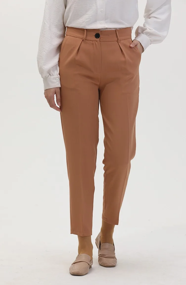 Buttoned Skinny Leg Trousers 8014-06 Milky Coffee 8014-06