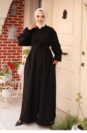 Hidden Zipper Belted Abaya Black 4423 522