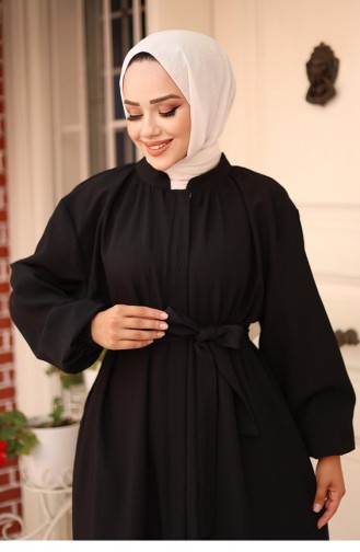 Hidden Zipper Belted Abaya Black 4423 522