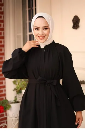 Abaya Avec Ceinture Et Fermeture Éclair Cachée Noir 4423 522
