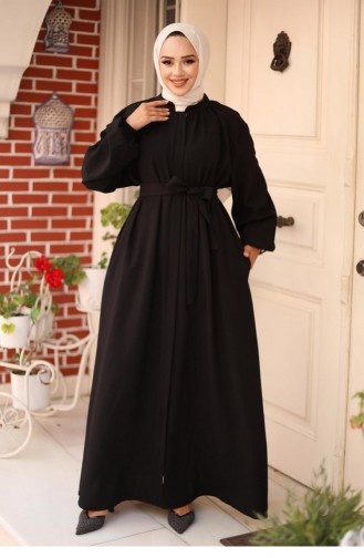 Hidden Zipper Belted Abaya Black 4423 522