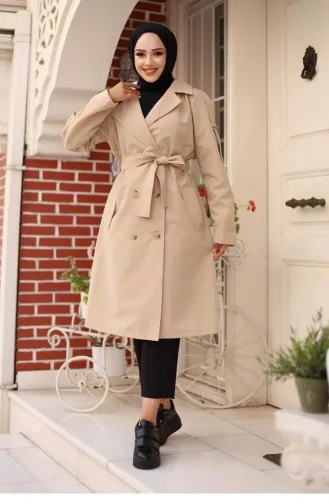 Trench Coat With Epaulette Detail On Shoulder Beige 4428 537