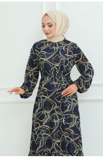 Gathered Chain Patterned Dress 9004-02 Navy Blue 9004-02