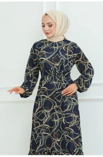 Gathered Chain Patterned Dress 9004-02 Navy Blue 9004-02