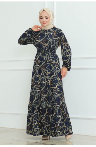Gathered Chain Patterned Dress 9004-02 Navy Blue 9004-02