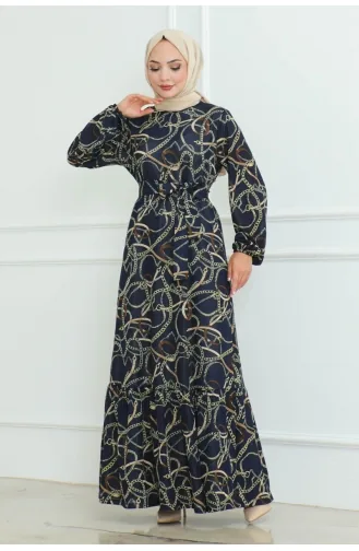 Gathered Chain Patterned Dress 9004-02 Navy Blue 9004-02