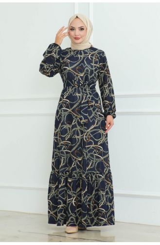 Gathered Chain Patterned Dress 9004-02 Navy Blue 9004-02