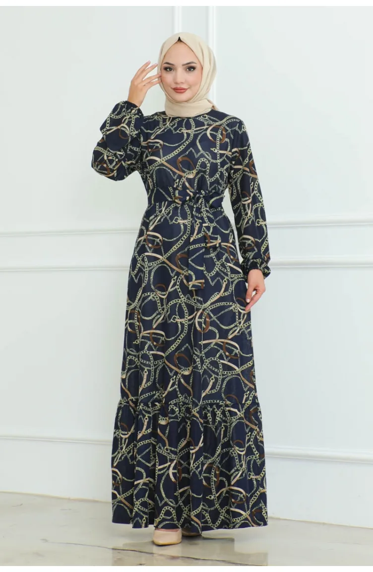Gathered Chain Patterned Dress 9004-02 Navy Blue 9004-02