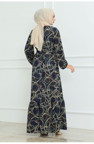 Gathered Chain Patterned Dress 9004-02 Navy Blue 9004-02
