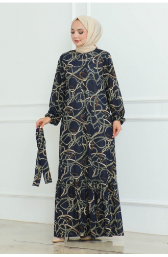 Gathered Chain Patterned Dress 9004-02 Navy Blue 9004-02