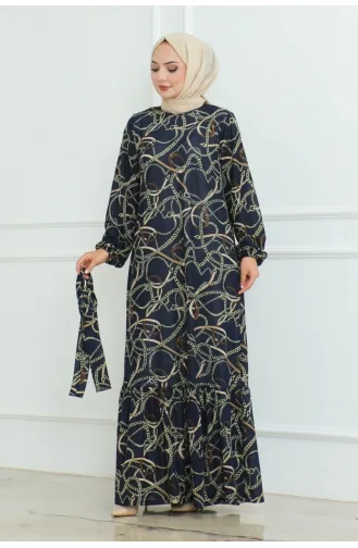 Gathered Chain Patterned Dress 9004-02 Navy Blue 9004-02
