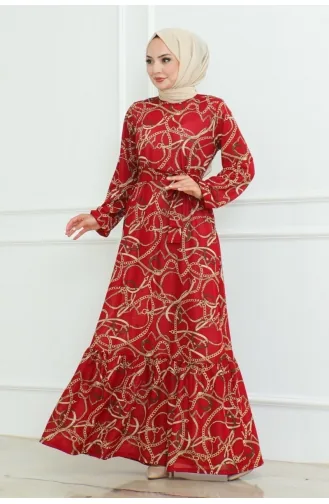 فستان بتصميم مُطبع بسلسلة 9004-03 لون خمري 9004-03