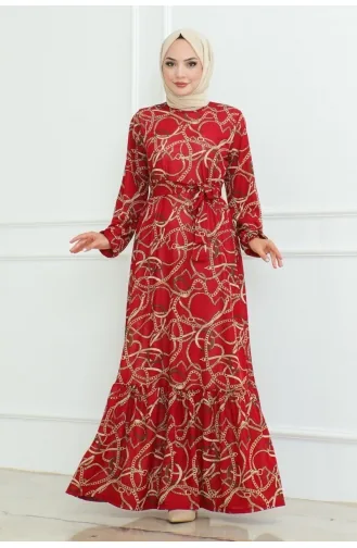 فستان بتصميم مُطبع بسلسلة 9004-03 لون خمري 9004-03