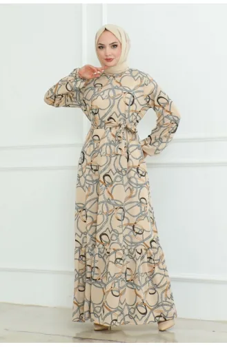 Gathered Chain Patterned Dress 9004-05 Mink 9004-05